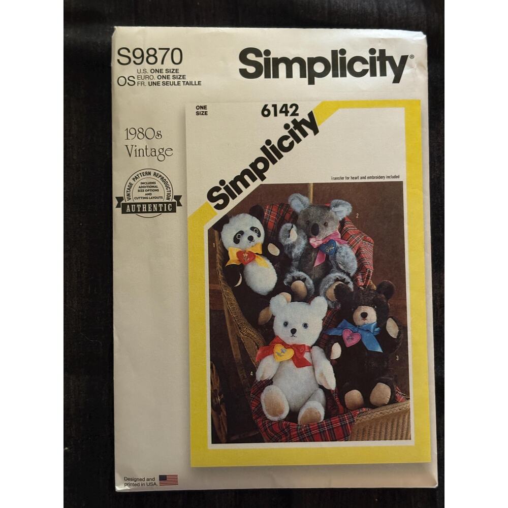S9870 (6142) Simplicity Sewing Pattern Vintage Teddy Bears